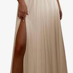 Elegant off-shoulder lace gown with slit