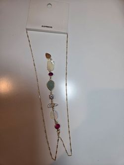 NWT   Express Long Dangle Necklace Red Blue White Stones  Gold Tone Y drop  DJ91