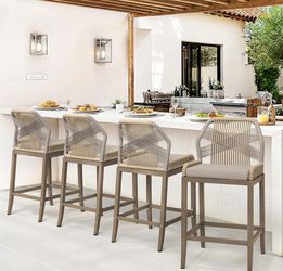 Outdoor Bar Stools, Rattan Outdoor Counter Height Bar Stools Set of 4, 26.5" H Woven Rope Patio Bar Chairs with Aluminum Legs for Kitchen, Yellowish S