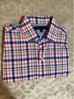 Tommy Hilfiger Men’s Blue, Pink, Green & White Plaid Button-Down Shirt