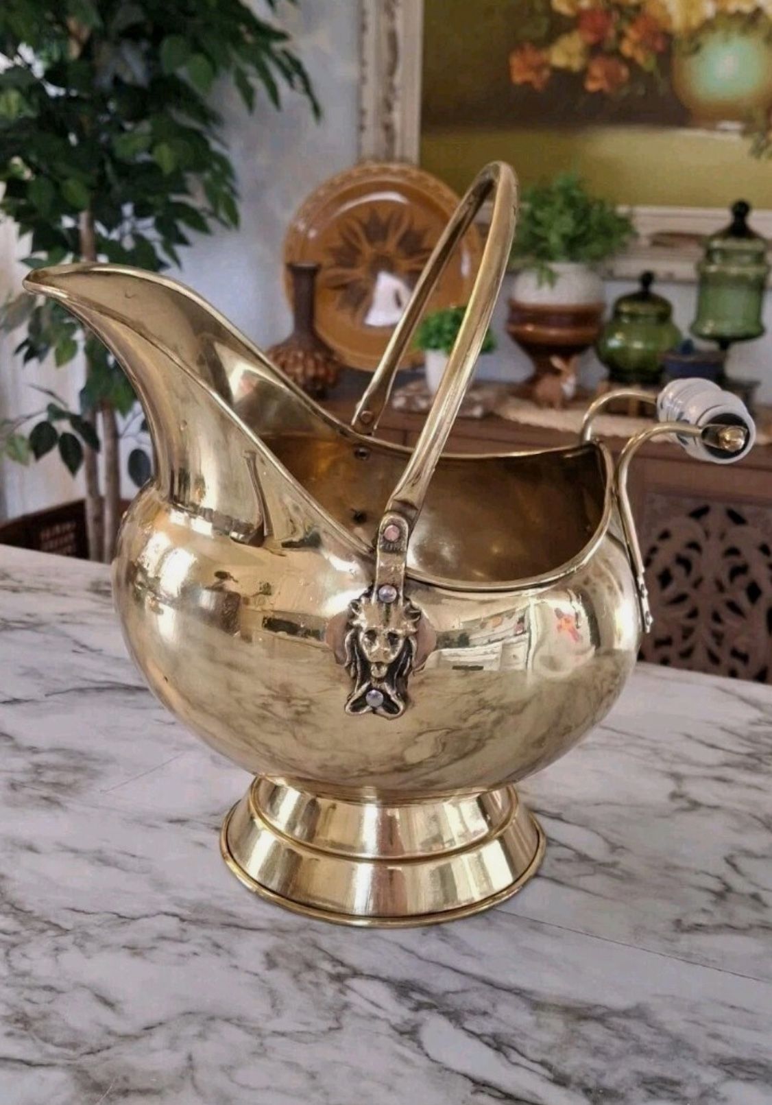 Antique Lion Head Brass Coal Scuttle