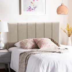 Queen size headboard foldable upholstered fabric beige linen adjustable height