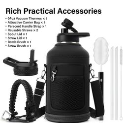 64 Oz Insulated Stainless Steel Water Bottle with Straw & Carrier Bag