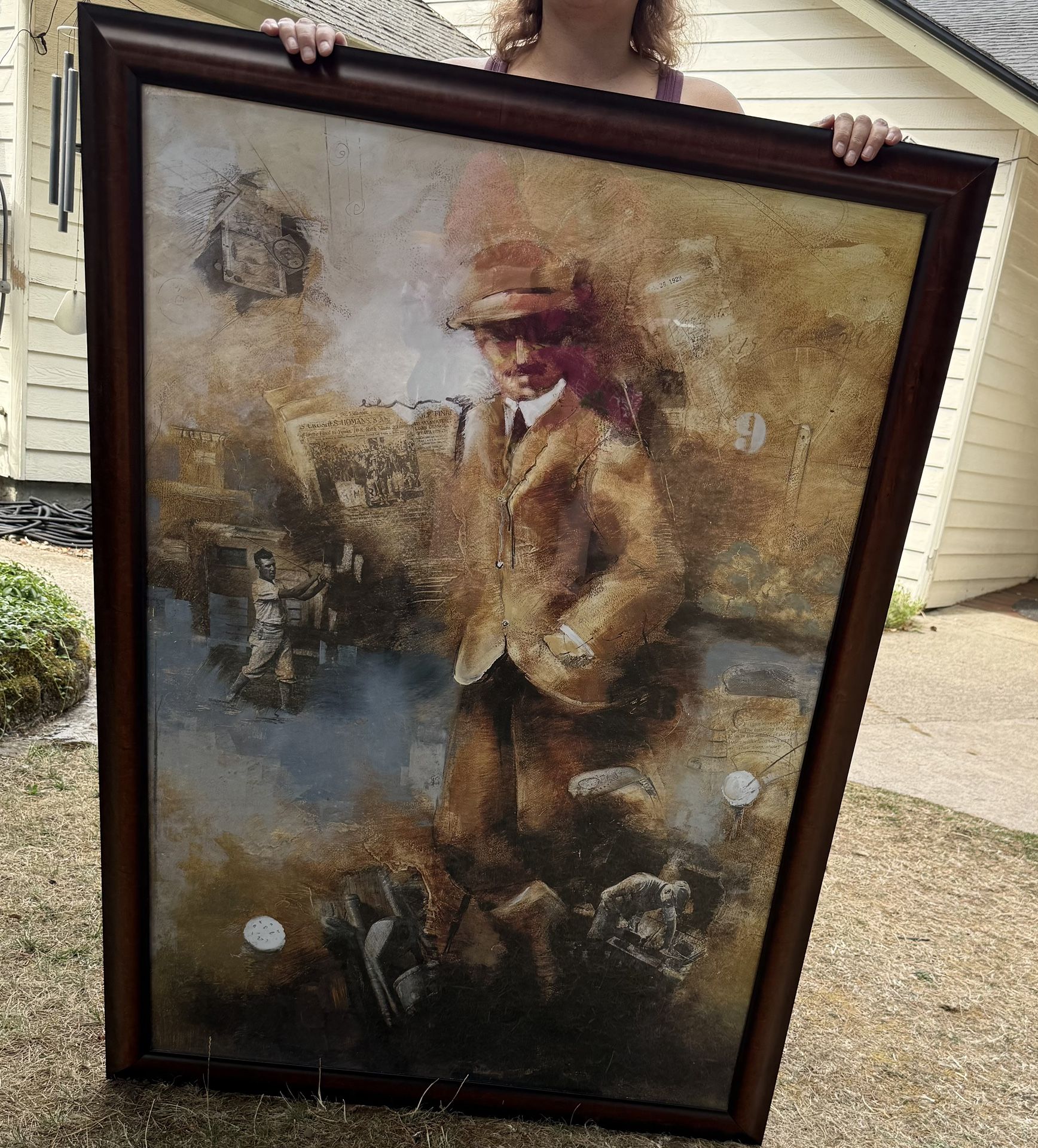 Large picture in great shape with glass overlay of old Timey golfer
