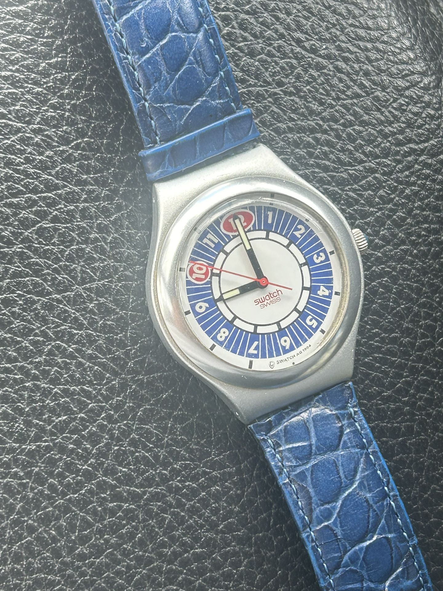 MINT* 1996 Swatch Irony Big PREPPIE YGS1001 Blue Leather Watch *RARE VINTAGE*
