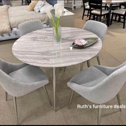 5-pc Round Dining Set White Faux Marble Table Top With Grey Fabric Upholstery 
