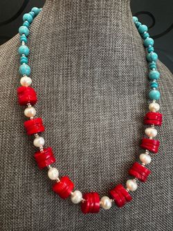 Turquoise & Red Coral Beaded Necklace - Women Jewelry