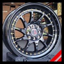 Brand New 17" TRAKLITE TURBO 17X8 4X100/114.3 ET35 CB73.1 GLOSS BLACK / GOLD RIVETS