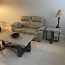 Leather Loveseat With Two Remote Recliners, And Charging Ports, End Table And Coffee Table Chargers 