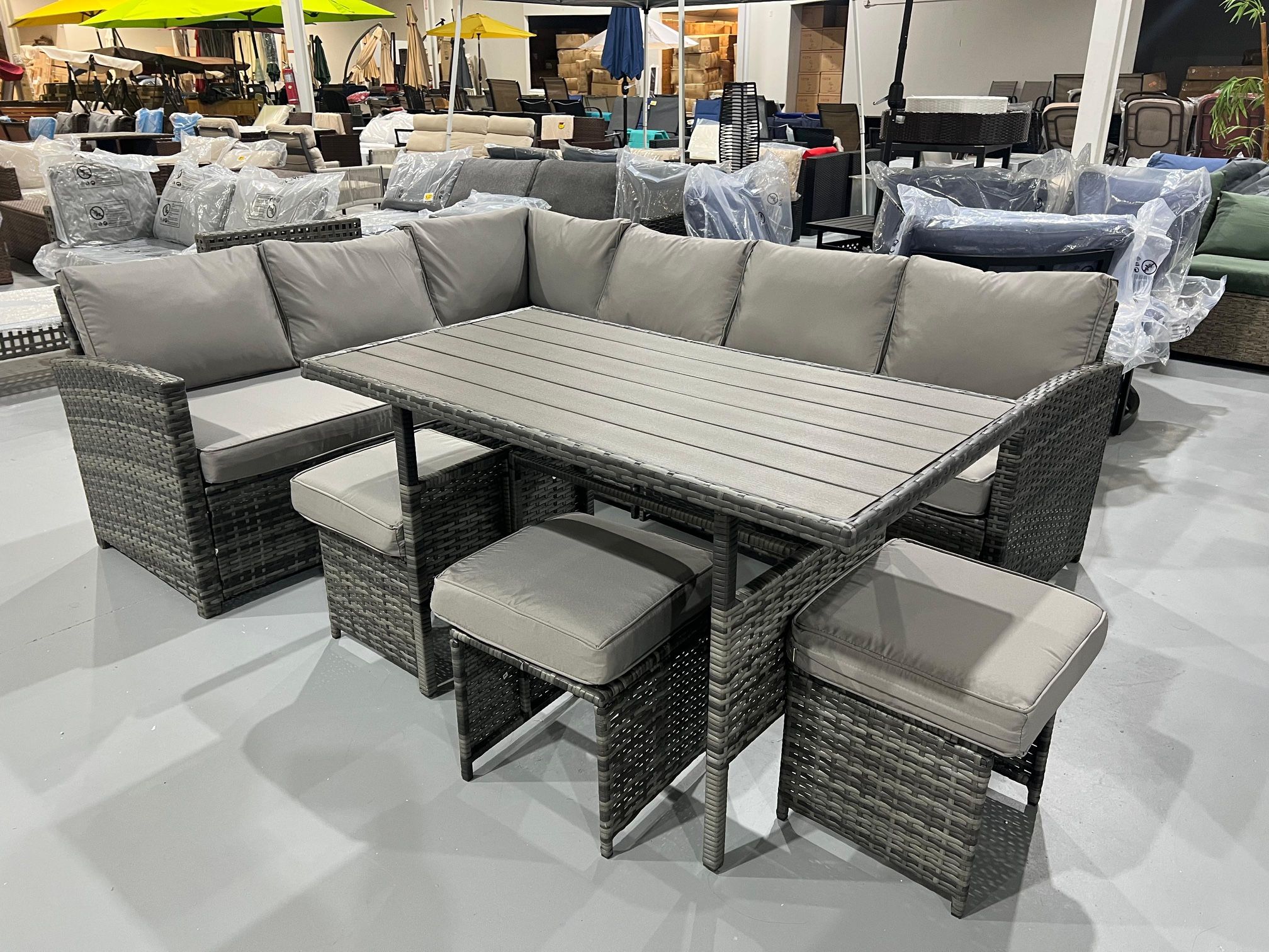 New 6 Pieces Outdoor Patio Furniture with Dining Table&Chair, All Weather Wicker Conversation Set with Ottoman, Brown Rattan&Grey Cushion
