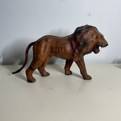 Vintage Large Leather Covered Paper Mache Wrapped Lion Sculpture Animal Statue