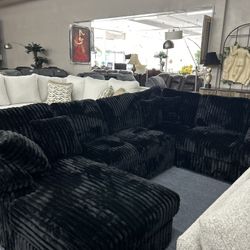 Black Plush Corduroy Sectionals With Soft Cushions 
