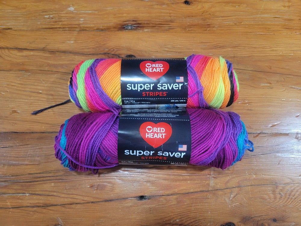Lot of 2 Skeins Red Heart Super Saver Yarn: Polo Stripe & Rainbow Stripe ~ Used