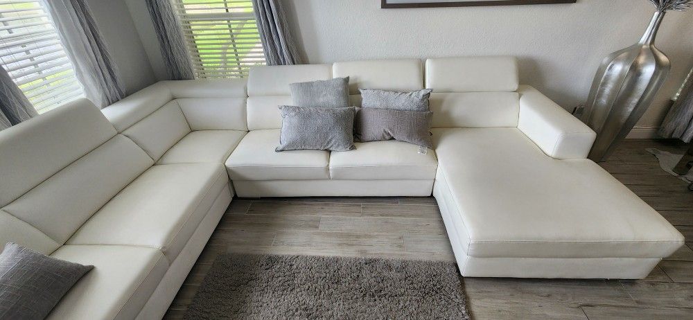 100% White Leather Sectional Couch