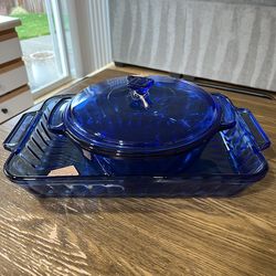 Vintage Anchor Hocking Cobalt Blue  casserole dish set.