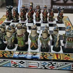 Vintage Handmade Portable Chess Set Aztec Mayan Incas VS Spanish Conquistadors