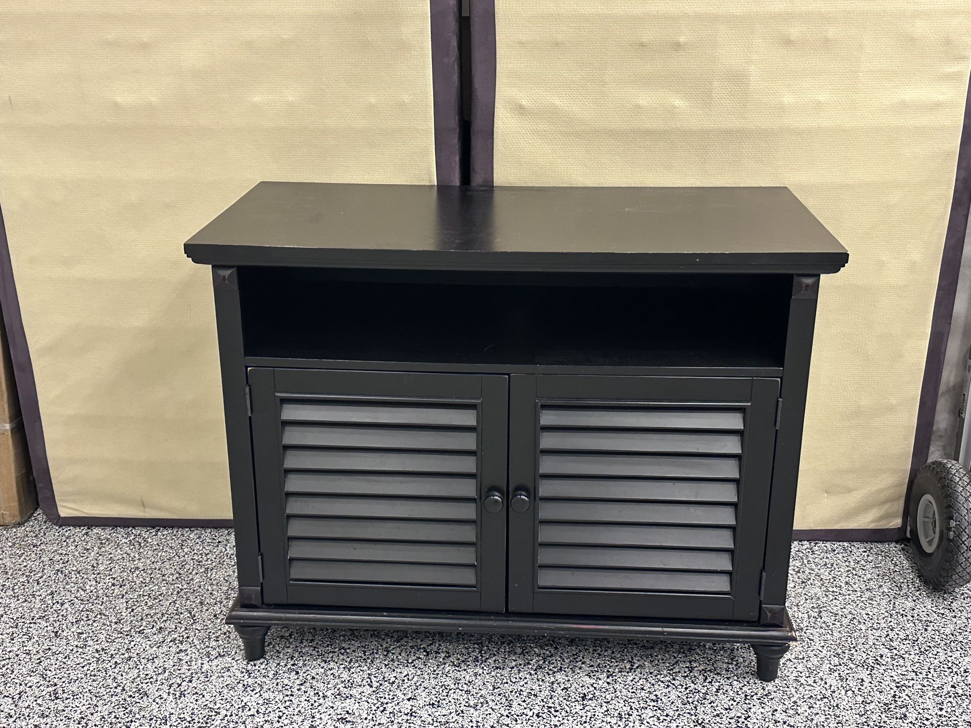 Black Wooden Storage Cabinet with Louvered Doors – Modern & Versatile