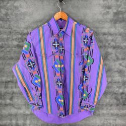 Vintage 80s Wrangler Brushpopper Mens Western Aztec Button Up Shirt Size XL