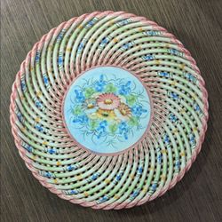 **VINTAGE** Spanish Hand-Painted Basket Weave 8.5” Decorative Plate