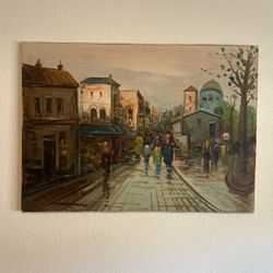 Vintage oil, painting, Art village scene