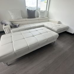 117" Wide White Bonded Leather Right Hand Facing Sofa & Ottoman