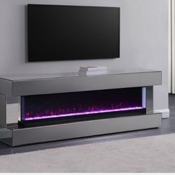 71" TV Stand with Visual Flame Box Grey Mirror
