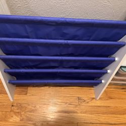 Kids Book Sling Shelf / Montessori-Style Book Rack (Blue & White)