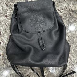 Tory Burch Black Leather Large Logo Backpack