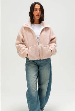 Pink Cropped Sherpa Zip-Up Jacket