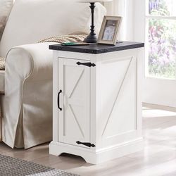  Set of 2 Farmhouse Nightstand with Charging Station, Rectangular Wood End Table with Adjustable Storage Shelf Cabinet, White