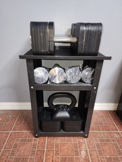 120lb Ironmaster Adjustable Dumbbells  Set + 15lb Heavy Handle Plate Kit Installed  + 22.5lb Adj Kettlebell Handle + Stand