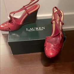 Lauren Ralph Lauren Red Leather Textured Wedge Shoes 