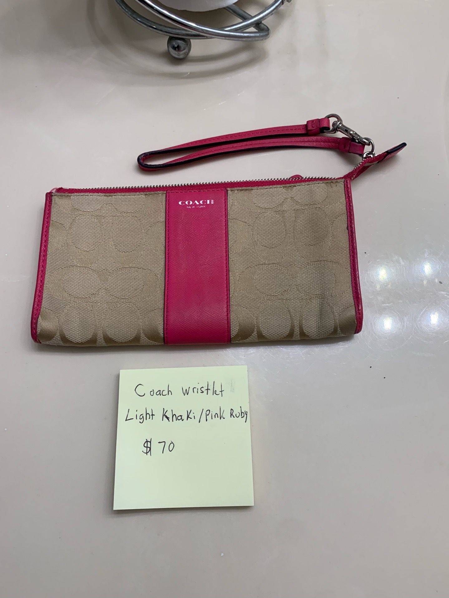 COACH Wristlet . Light Khaki , Pink Ruby