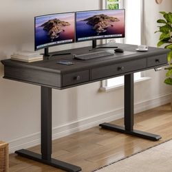 ONBRILL Standing Desk with Drawers, 55 x 23 Inch Electric Height Adjustable Desk with Storage & Outlets, for Computer Workstation, Home Office, Retro 