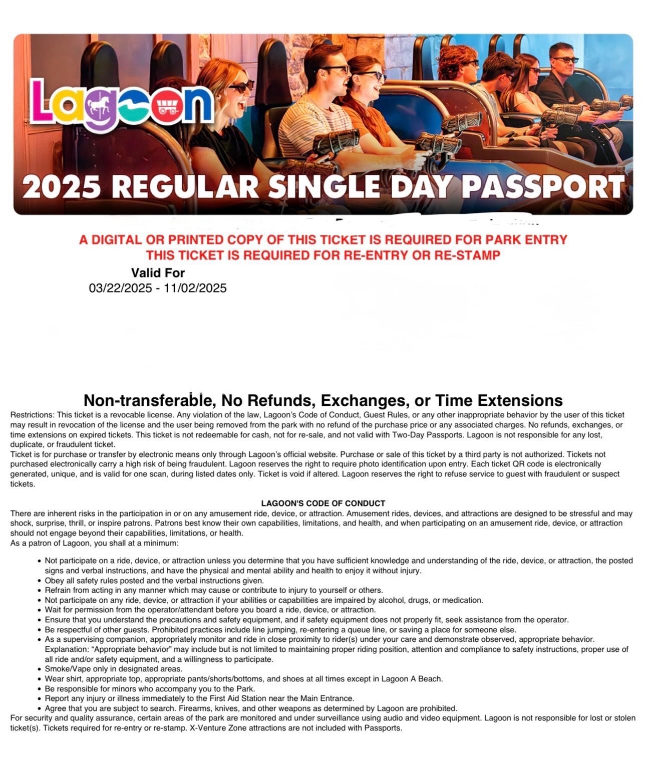 Lagoon Day Pass.