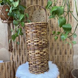 Vintage Rattan Bamboo Wicker Tall Handle Basket Brown Woven Storage Decor Plant Boho Bentwood 