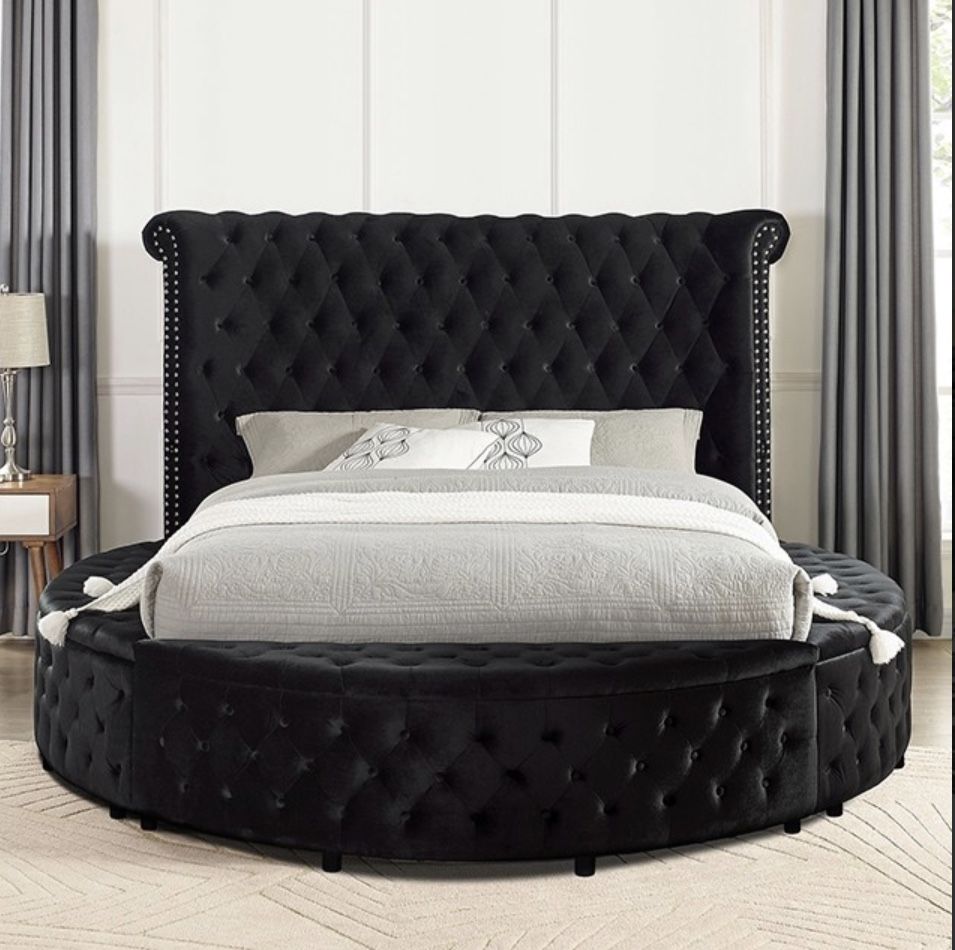 Black Velvet Round Bed Tufted Headboard Storage Only Available In Size Queen $1,040 & Cal King $1,140 Firm Price USB Ports On Each Side Of Headboard 