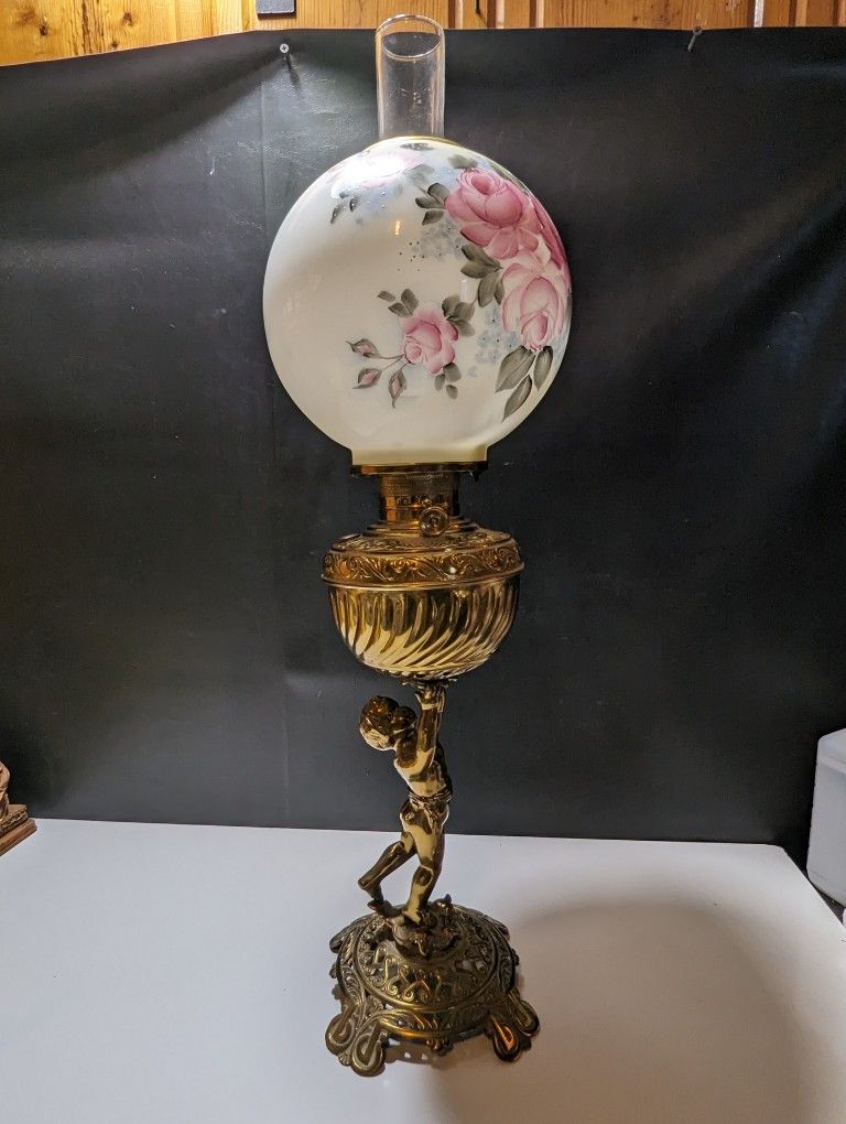  Elegant Antique Victorian Hand-Painted Floral Globe Oil Lamp with Ornate Brass Base