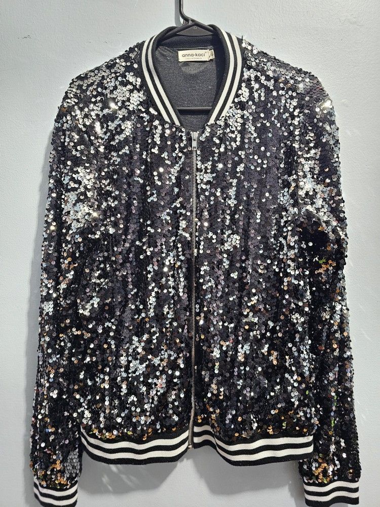 Anna-Kaci Womens Sequin Jacket Bomber CoatSPARKLY ZIP UP BOMBER STYLE JACKET