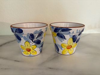 TWO Ceramic Planter Pots Yellow Blue Floral Portugal