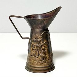Antique Embossed Peerage Brass Pitcher Jug Ship And Lighthouse Barn Decor