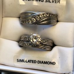 Engagement/ Wedding 3 Ring Set Sterling Silver Simulated Diamonds Ladies Size 7 & Men’s Size 10