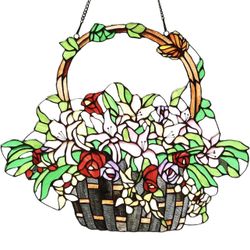 BIEYE W10037 Lily and Rose Flower Gaily Decorated Basket Tiffany Style Stained Glass Window Panel with Chain, 24" W x 20" H