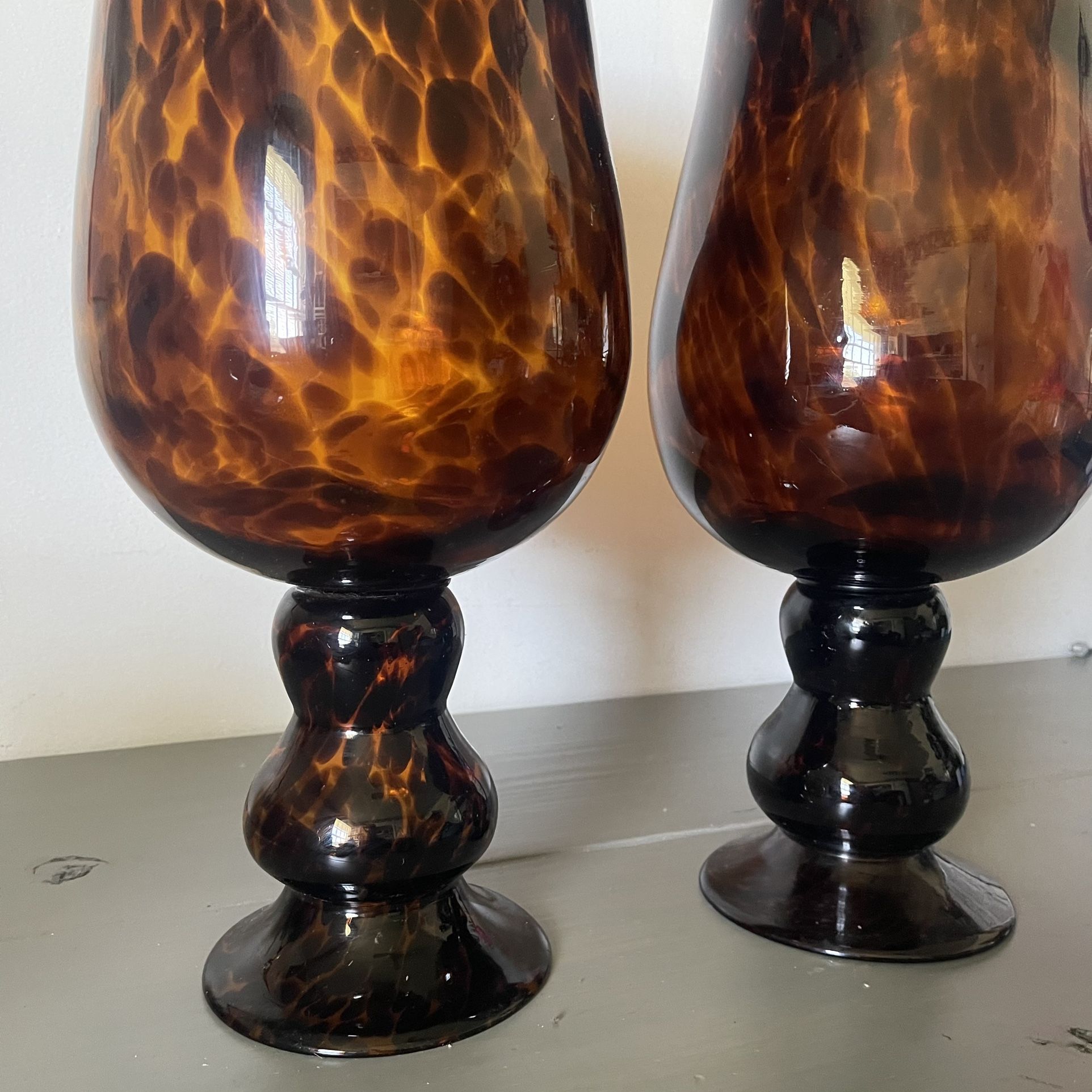 Set Of 2 Vintage Tortoise Hand Blown Glass Pedestal Vase 17” Tall