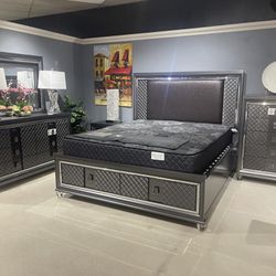 Grey LED Storage Bedroom Set - 4 Pc Queen Set