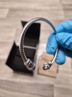 David Yurman Cable Style Bracelet Sterling Silver Amethyst Diamond Accent Gold