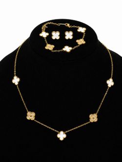 Luxury Clover Jewelry Set – Necklace, Bracelet & Stud Earrings – Gold Tone Mother of Pearl Inspired Design