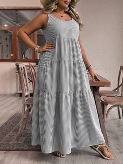 Super Cute Light Green & White Striped Sleeveless Tiered Dress