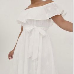 Torrid Off-The-Shoulder Tie-Waist Skater Dress - Challis White Embroidery