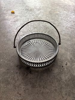 VINTAGE SILVER PLATE ON NICKEL BASKET FOR NUTS CANDY CRYSTAL MADE BOTTOM